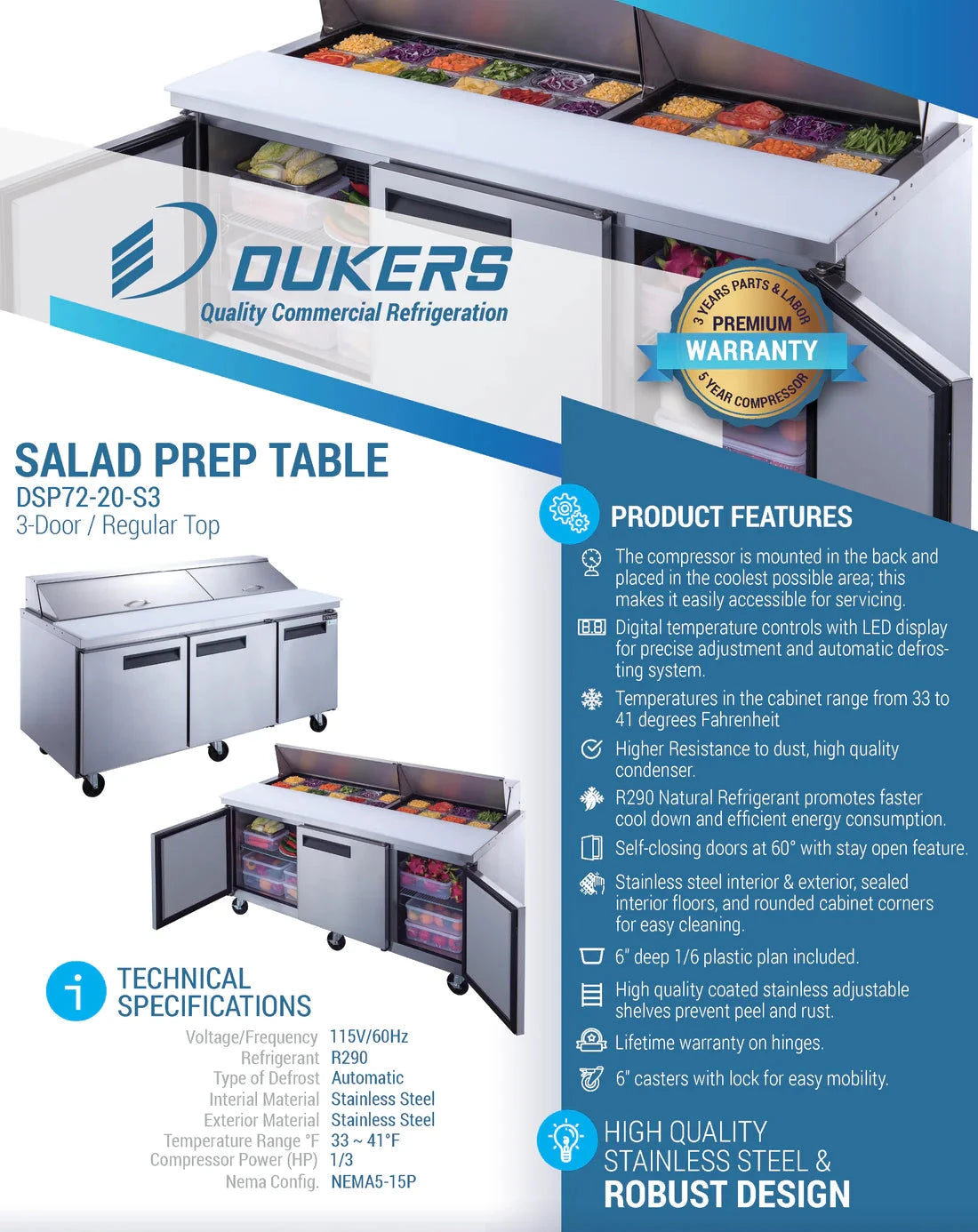 Dukers  DSP72-30M-S3 3-Door Commercial Food Prep Table Refrigerator in Stainless Steel with Mega Top (Free Shipping) (Add to cart for discount)