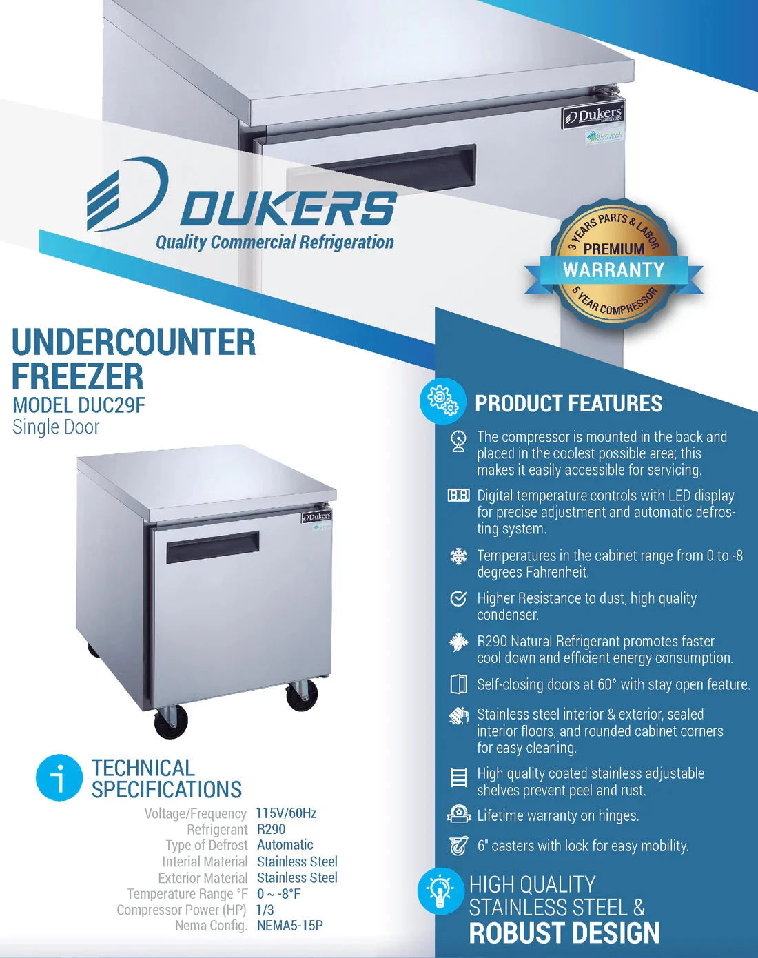 Dukers  DUC29F Single Door Undercounter Freezer in Stainless Steel (Free Shipping) (Add to cart for discount)