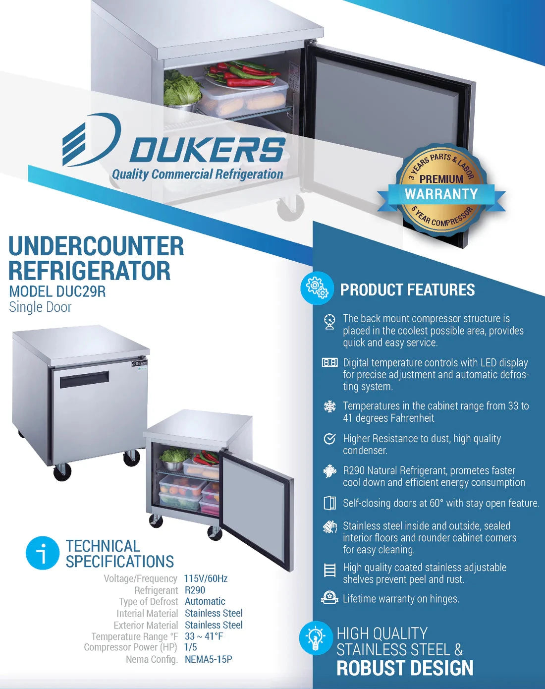 Dukers  DUC29R Single Door Undercounter Refrigerator in Stainless Steel (Free Shipping) (Add to cart for discount)