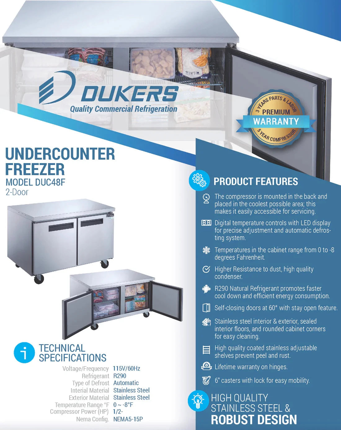 Dukers  DUC48F 2-Door Undercounter Freezer in Stainless Steel (Free Shipping) (Add to cart for discount)
