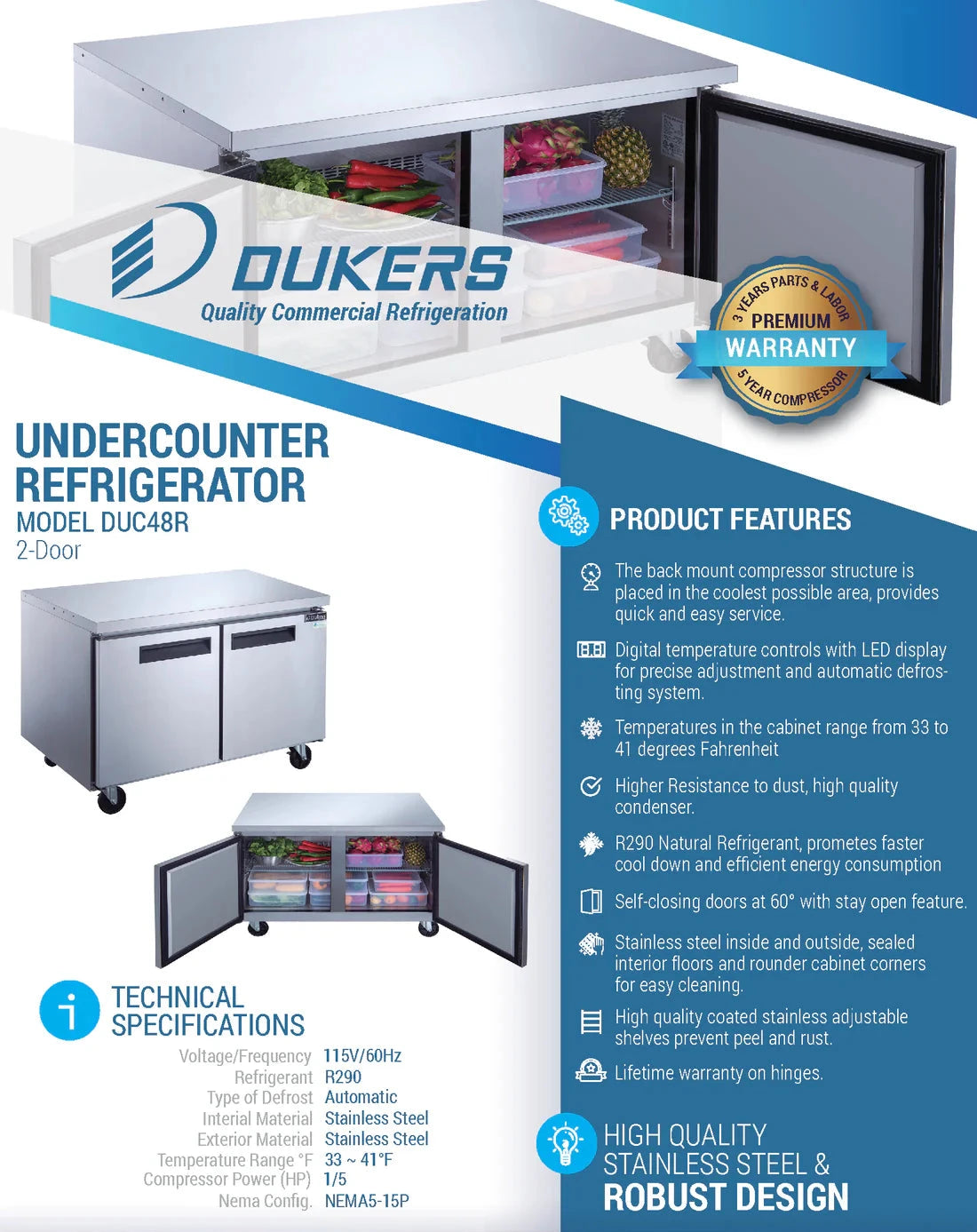 Dukers  DUC48R 2-Door Undercounter Refrigerator in Stainless Steel (Free Shipping) (Add to cart for discount)