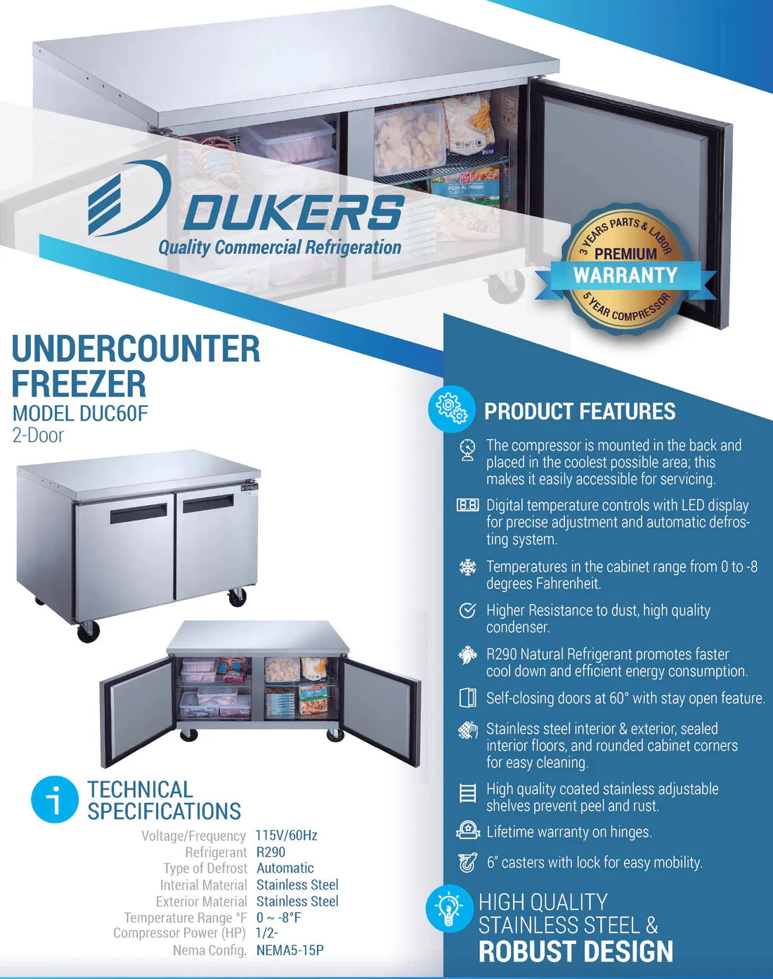 Dukers  DUC60F 2-Door Undercounter Commercial Freezer in Stainless Steel (Free Shipping) (Add to cart for discount)