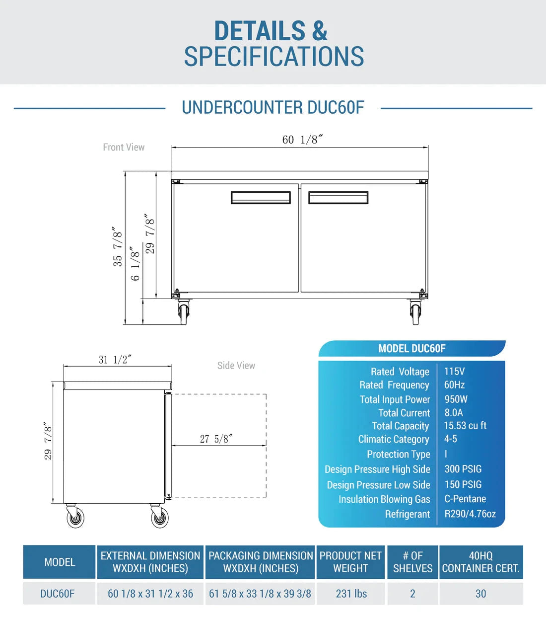 Dukers  DUC60F 2-Door Undercounter Commercial Freezer in Stainless Steel (Free Shipping) (Add to cart for discount)