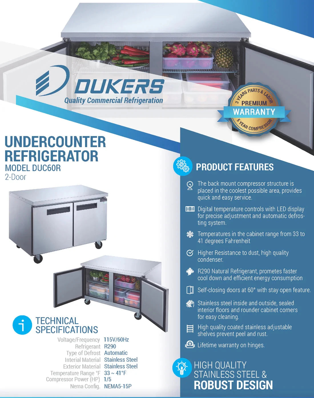 Dukers  DUC60R 2-Door Undercounter Commercial Refrigerator in Stainless Steel (Free Shipping) (Add to cart for discount)