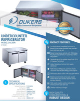 Dukers  DUC60R 2-Door Undercounter Commercial Refrigerator in Stainless Steel (Free Shipping) (Add to cart for discount)