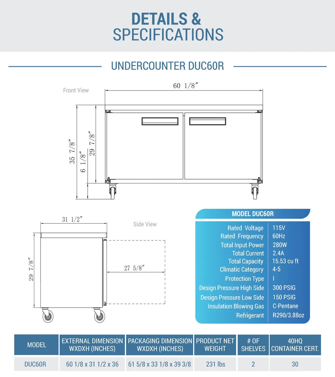 Dukers  DUC60R 2-Door Undercounter Commercial Refrigerator in Stainless Steel (Free Shipping) (Add to cart for discount)