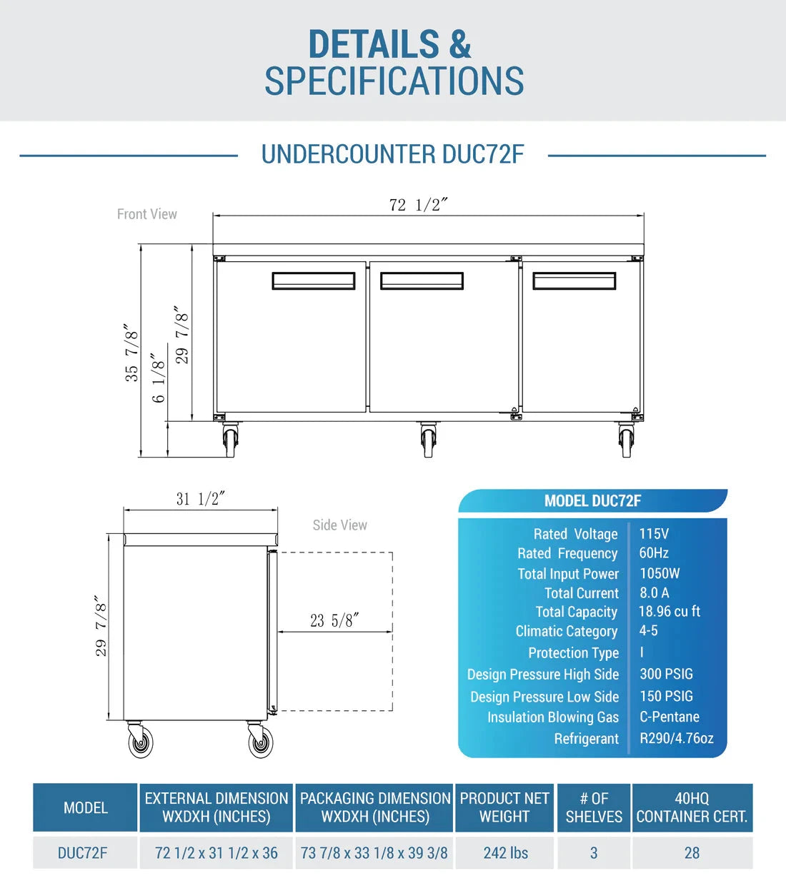 Dukers  DUC72F 3-Door Undercounter Commercial Freezer in Stainless Steel (Free Shipping) (Add to cart for discount)