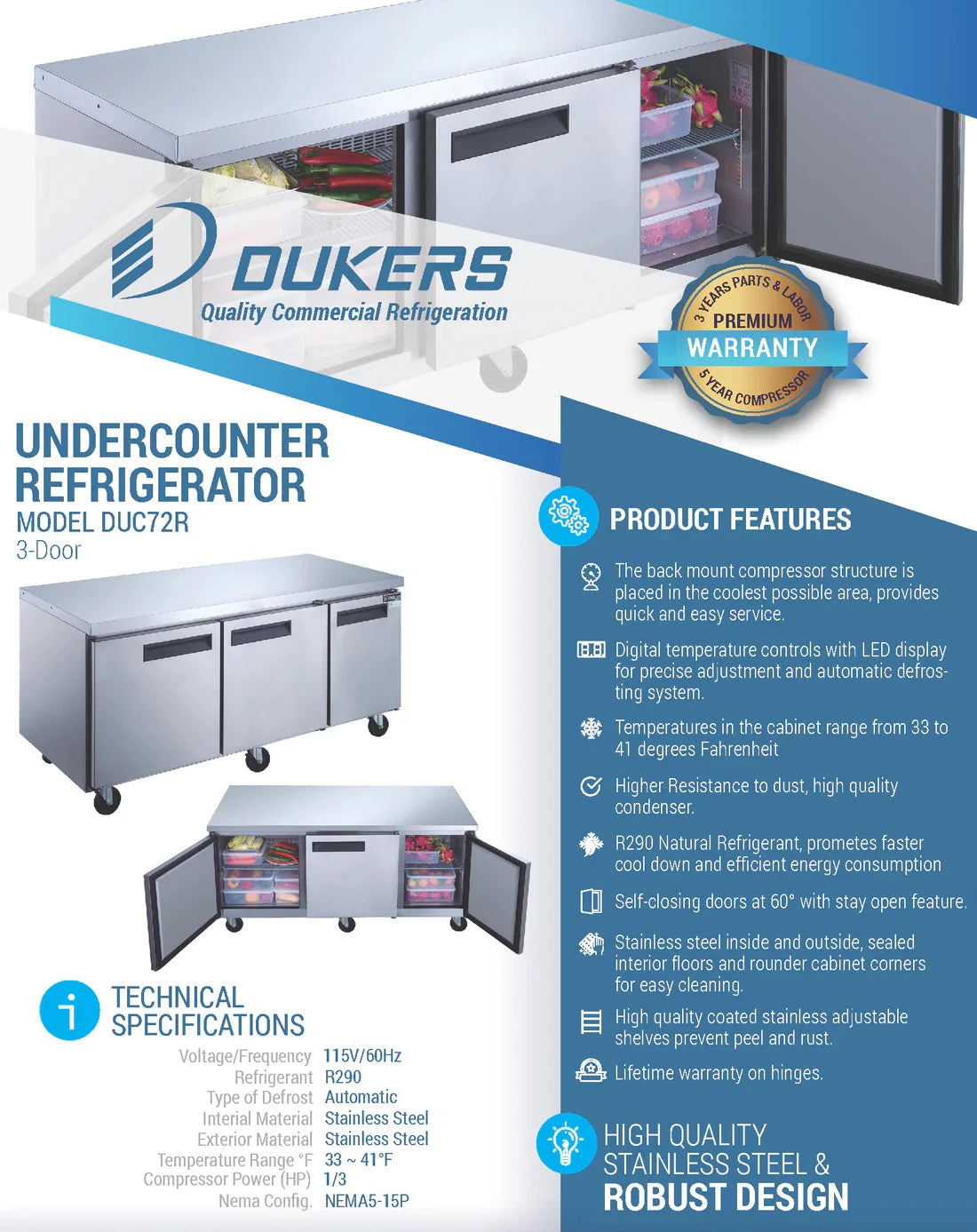 Dukers  DUC72R 3-Door Undercounter Commercial Refrigerator in Stainless Steel (Free Shipping) (Add to cart for discount)