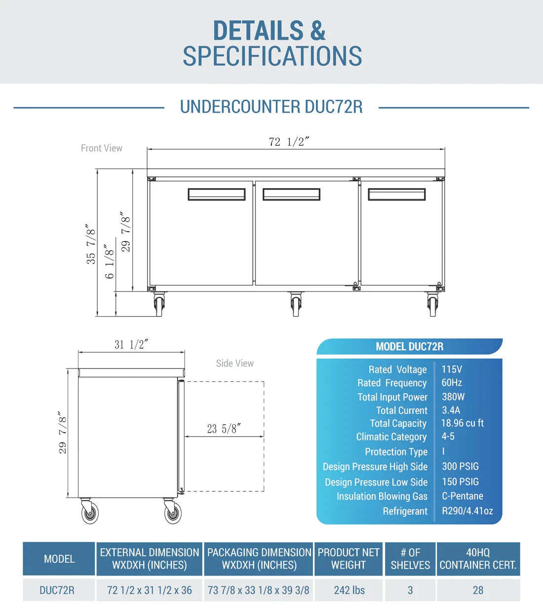 Dukers  DUC72R 3-Door Undercounter Commercial Refrigerator in Stainless Steel (Free Shipping) (Add to cart for discount)