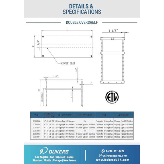 Dukers DCOS-1850 Double Overshelf