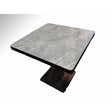 Grey marble-look restaurant tabletop with black edge band on a black cast iron pedestal base