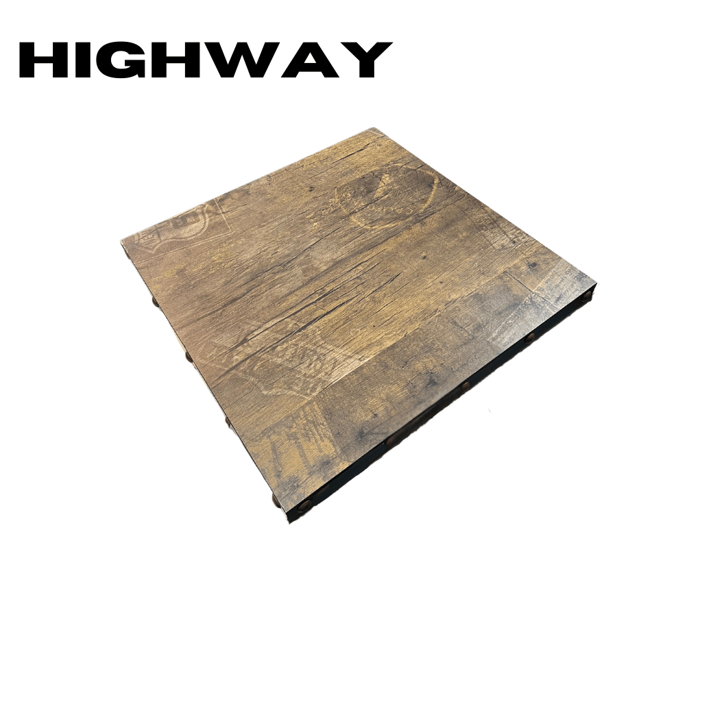 Highway tobacco brown distressed plank restaurant tabletop with studded edge