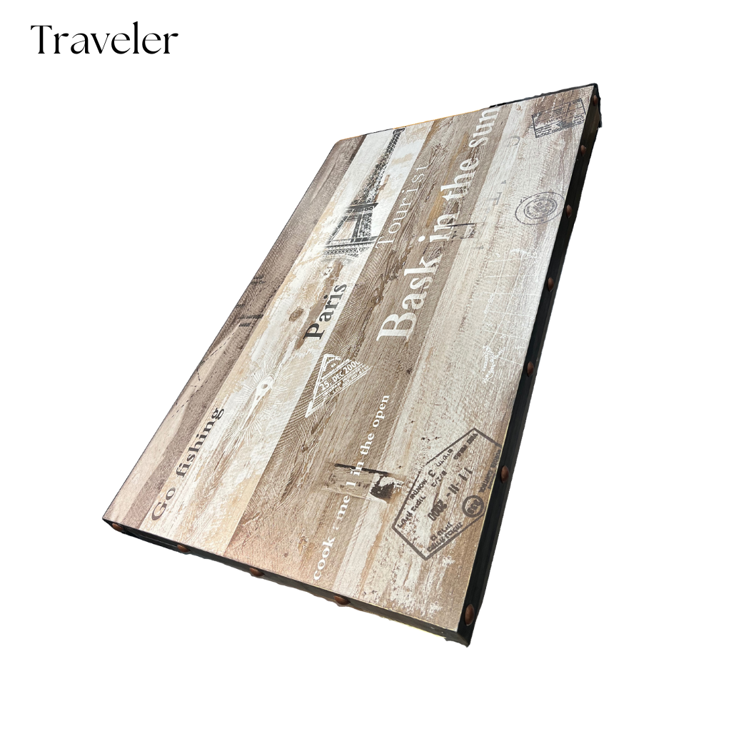 Traveler whitewashed plank restaurant tabletop with vintage travel print and studded edge