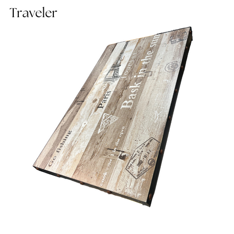 Traveler whitewashed plank restaurant tabletop with vintage travel print and studded edge