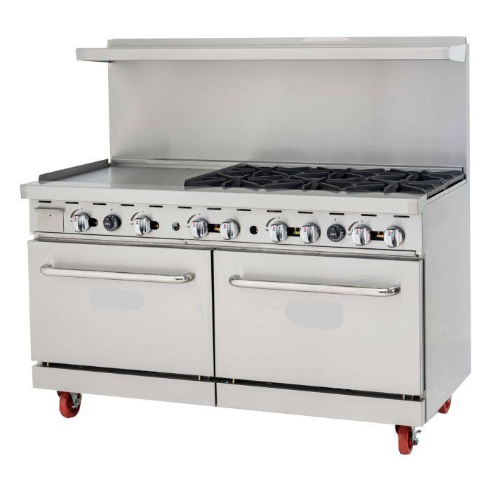 6 Burner Range, 24” Griddle Left Side, (2) Ovens, Liquid Propane
