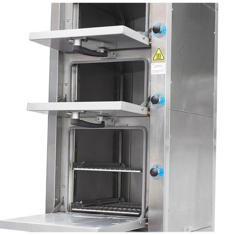 Dukers DCSC24 steam cabinet with two chamber doors open, showing removable racks and drop-down door panels