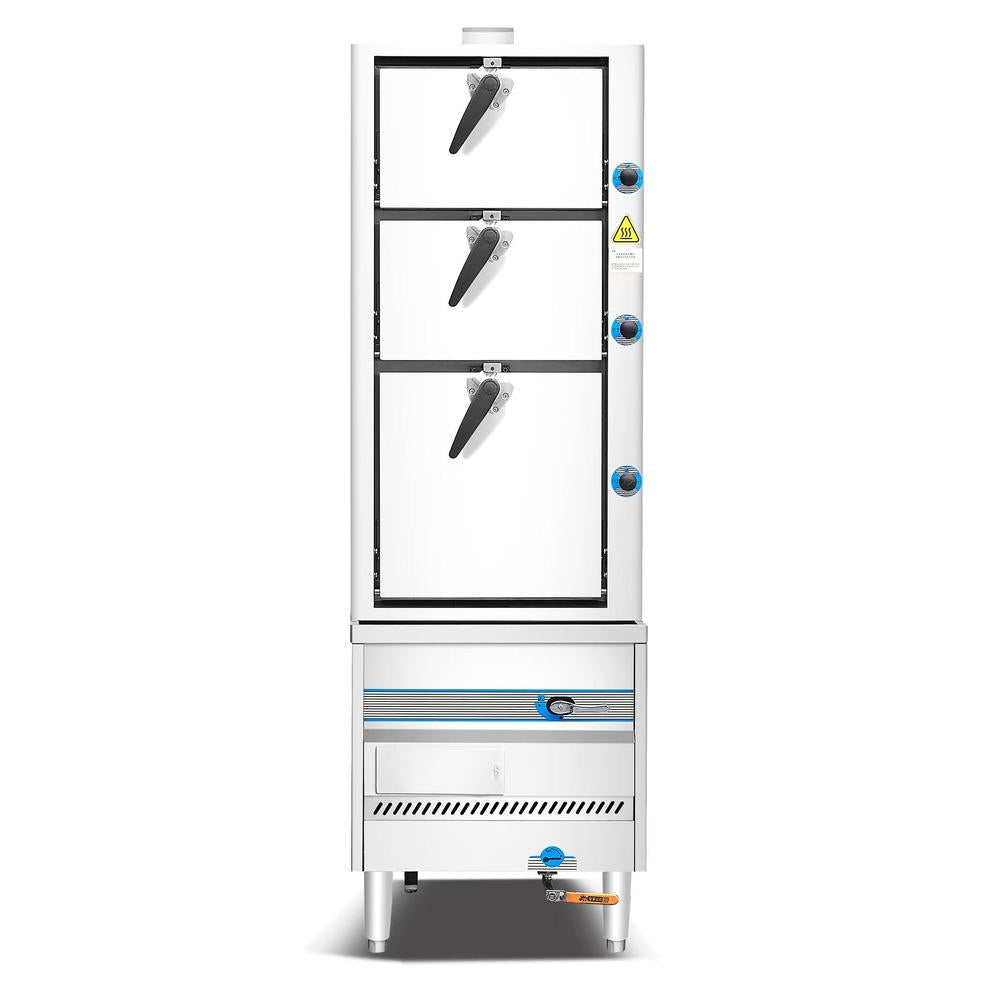 Dukers DCSC36 commercial steam cabinet, front view showing three latched steaming compartment doors and burner base