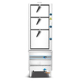 Dukers DCSC36 commercial steam cabinet, front view showing three latched steaming compartment doors and burner base