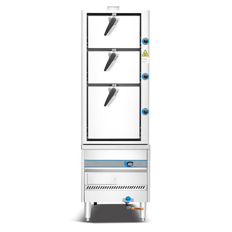 Dukers DCSC36 commercial steam cabinet, front view showing three latched steaming compartment doors and burner base