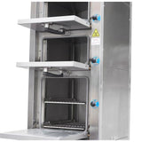 Dukers DCSC36 steam cabinet with two chamber doors open, showing removable racks and drop-down door panels