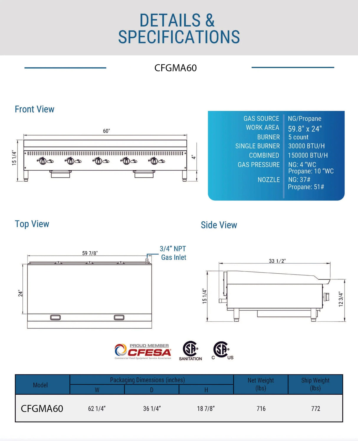 Cooks Forge CFGMA60 60 in. W Griddle with 5 Burners