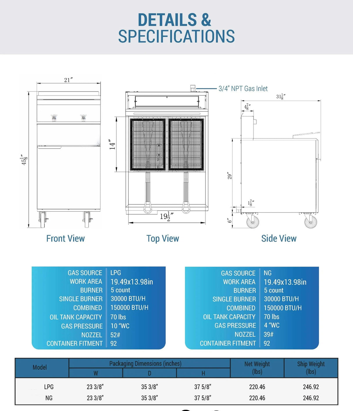 Cooks Forge CFDF5-NG Natural Gas Fryer with 5 Tube Burners