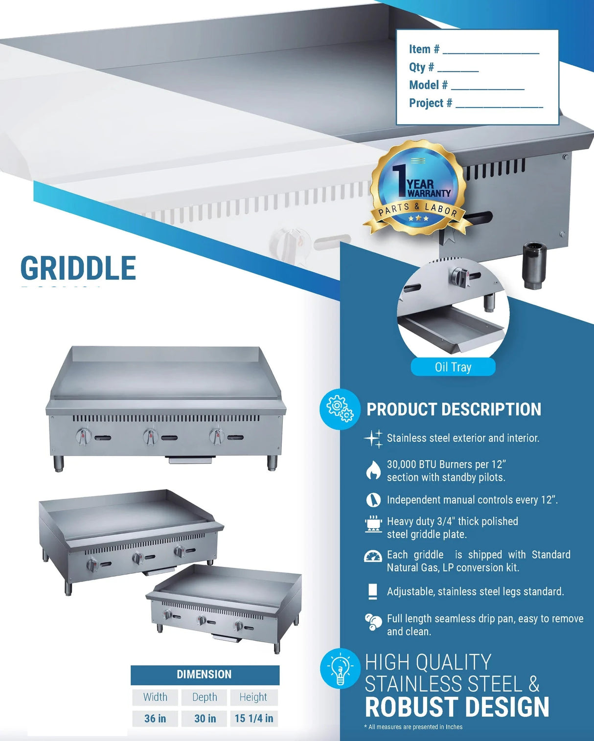 Cooks Forge CFGM36 36 in. W Griddle with 3 Burners Cooks Forge CFGM36 36英寸三眼烧烤炉