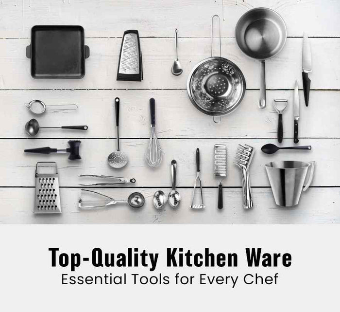 Collection of top-quality kitchenware tools on a white wooden surface with text 'Top-Quality Kitchen Ware Essential Tools for Every Chef'.