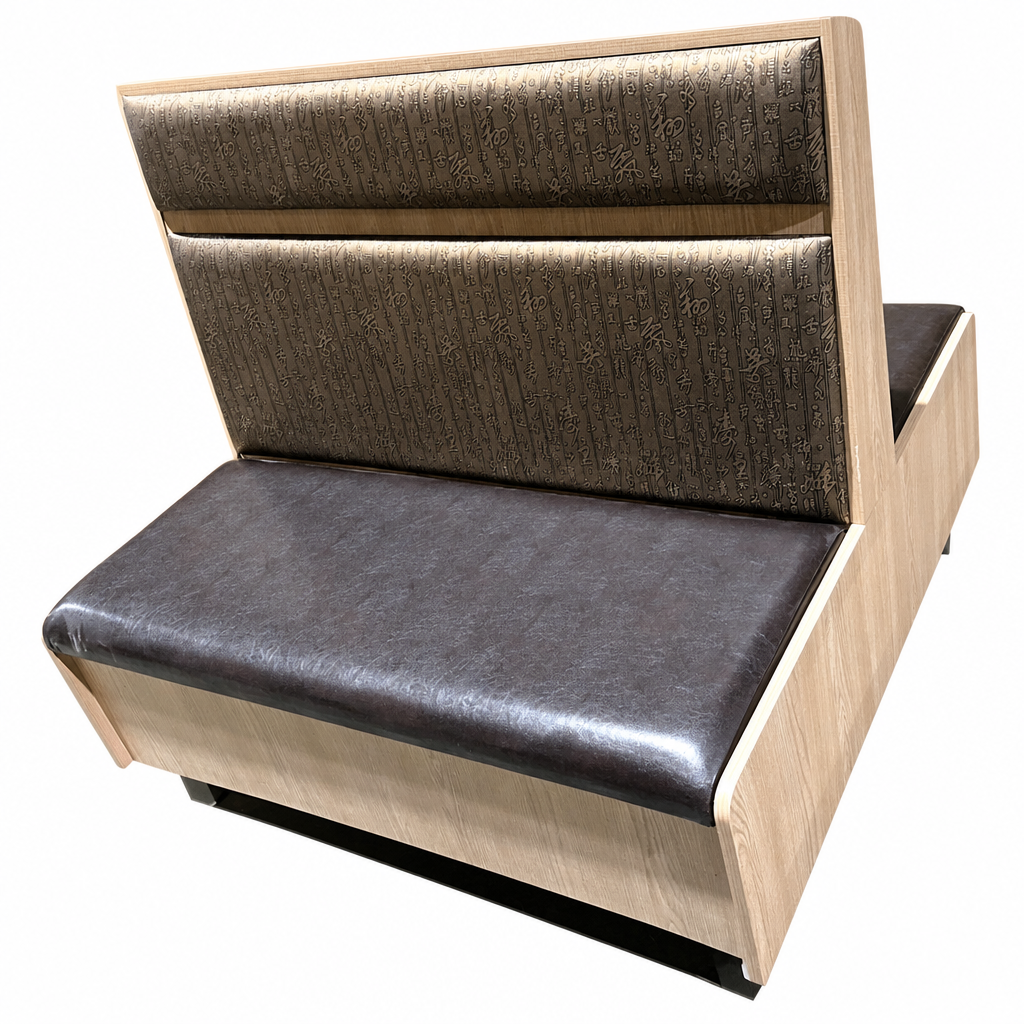 Double-sided oak panel restaurant booth, rear view