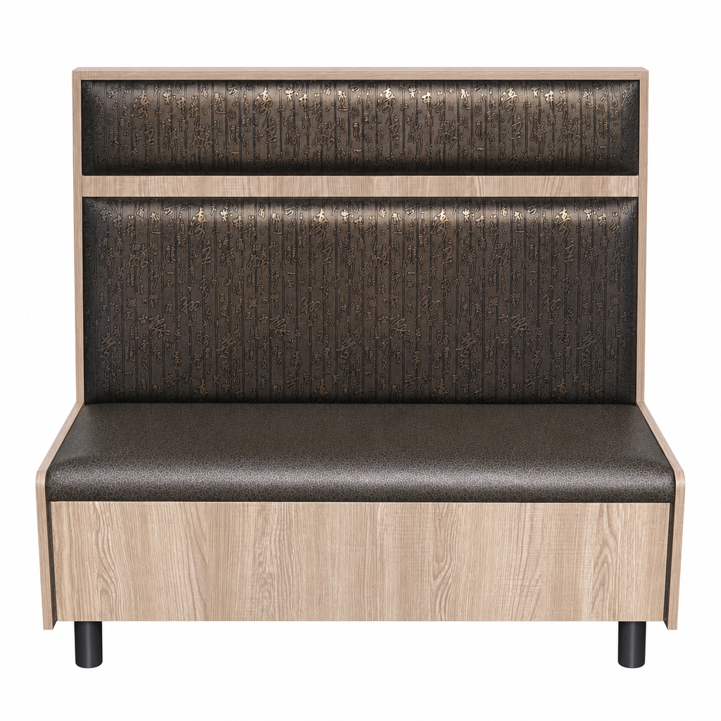 Oak panel restaurant booth with embossed upholstery, front view
