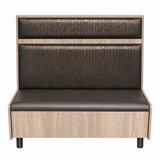 Oak panel restaurant booth with embossed upholstery, front view