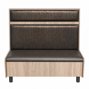 Oak panel restaurant booth with embossed upholstery, front view