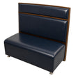 Walnut panel restaurant booth — warm brown wood frame and panel back with navy blue vinyl upholstery, single-sided, 42 inch back