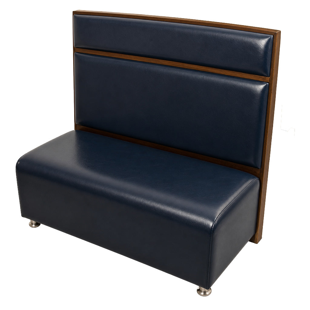 Walnut panel restaurant booth — warm brown wood frame and panel back with navy blue vinyl upholstery, single-sided, 42 inch back