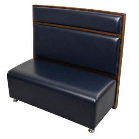 Walnut panel restaurant booth — warm brown wood frame and panel back with navy blue vinyl upholstery, single-sided, 42 inch back