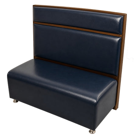 Walnut panel restaurant booth — warm brown wood frame and panel back with navy blue vinyl upholstery, single-sided, 42 inch back